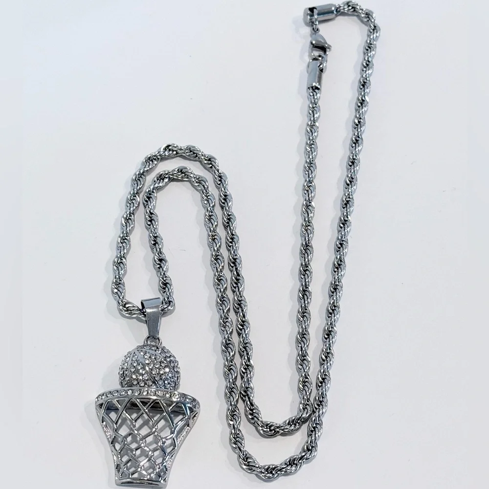 Steeltime SWISH Silver-Tone Basketball Pendant Necklace